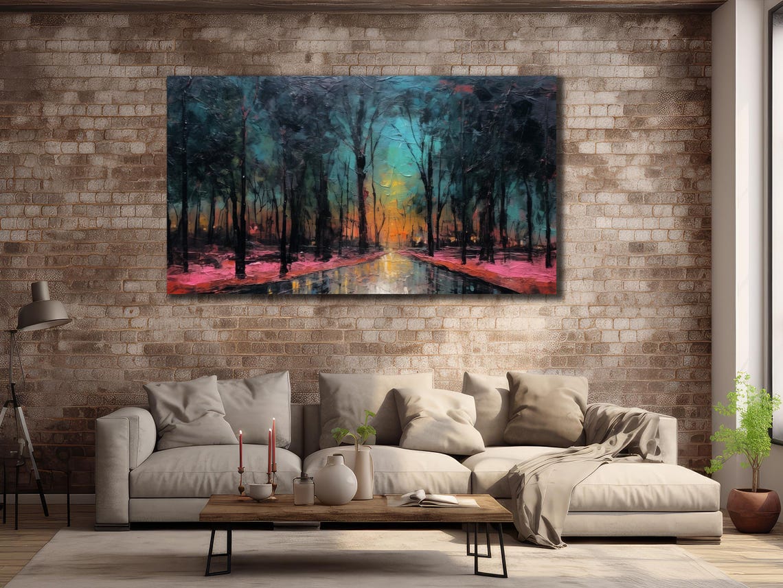 Forest Path at Sunset Dark Trees Pink Ground Glow Landscape Art Poster