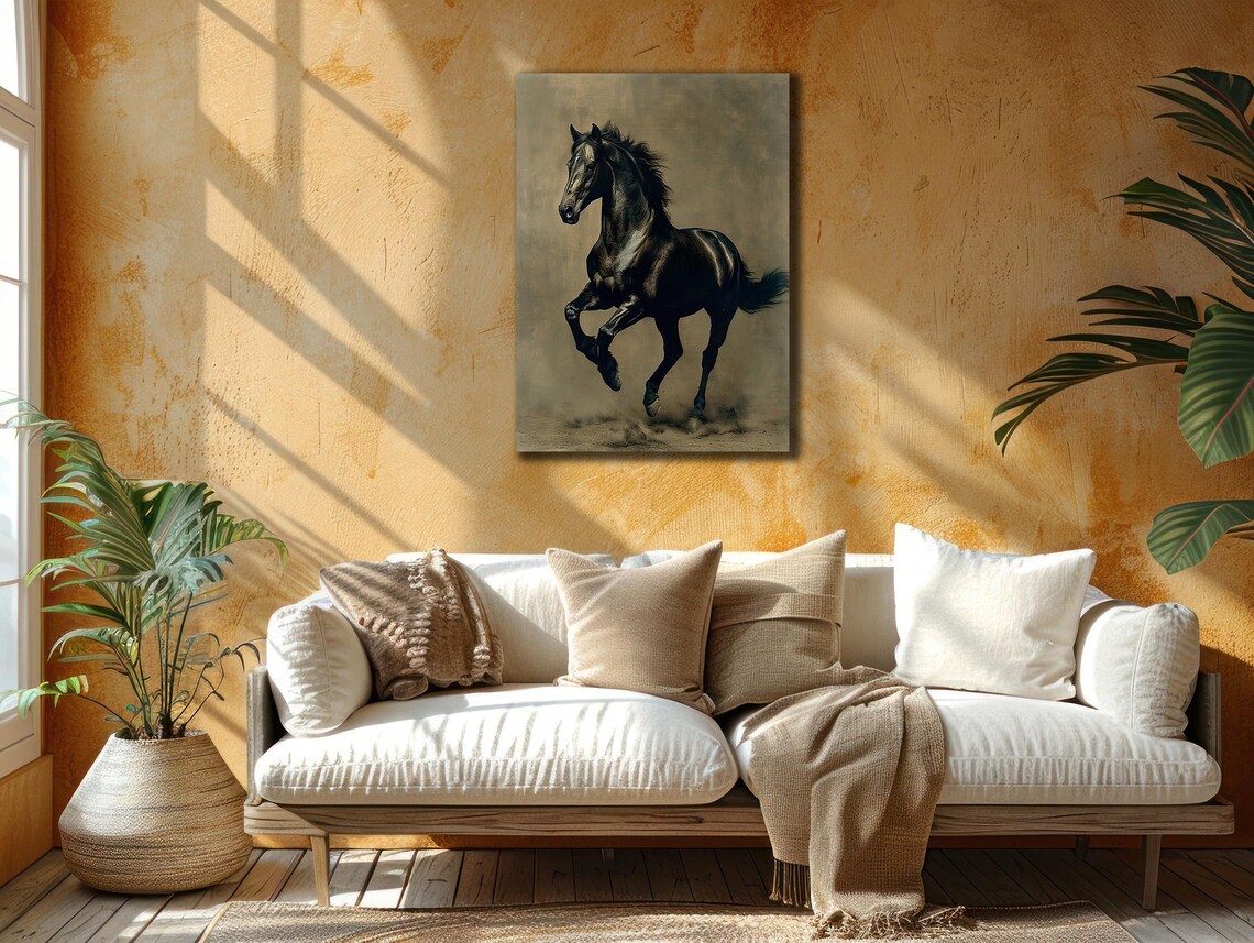 Majestic Black Horse Galloping Dramatic Vintage Style Animal Poster - Image 2
