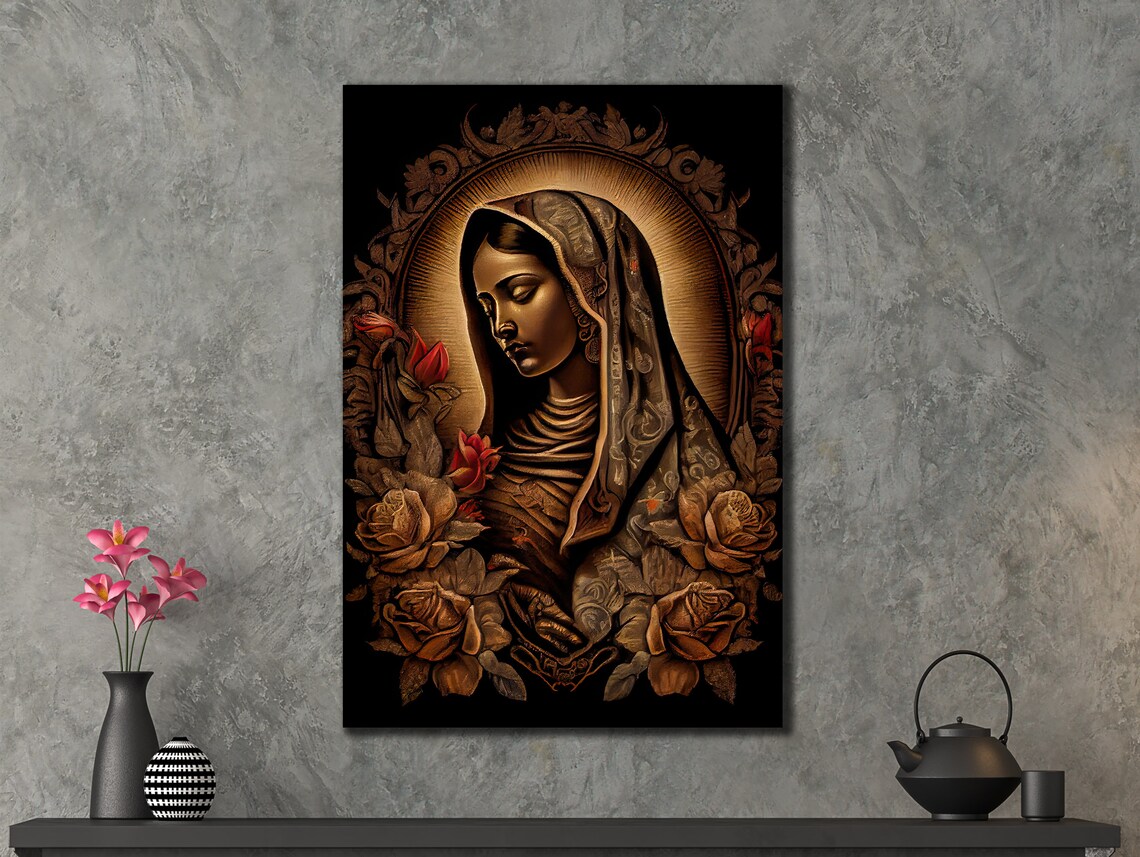 Our Lady Of Guadalupe Golden Religious Art Roses Halo Wall Art Print - Image 3
