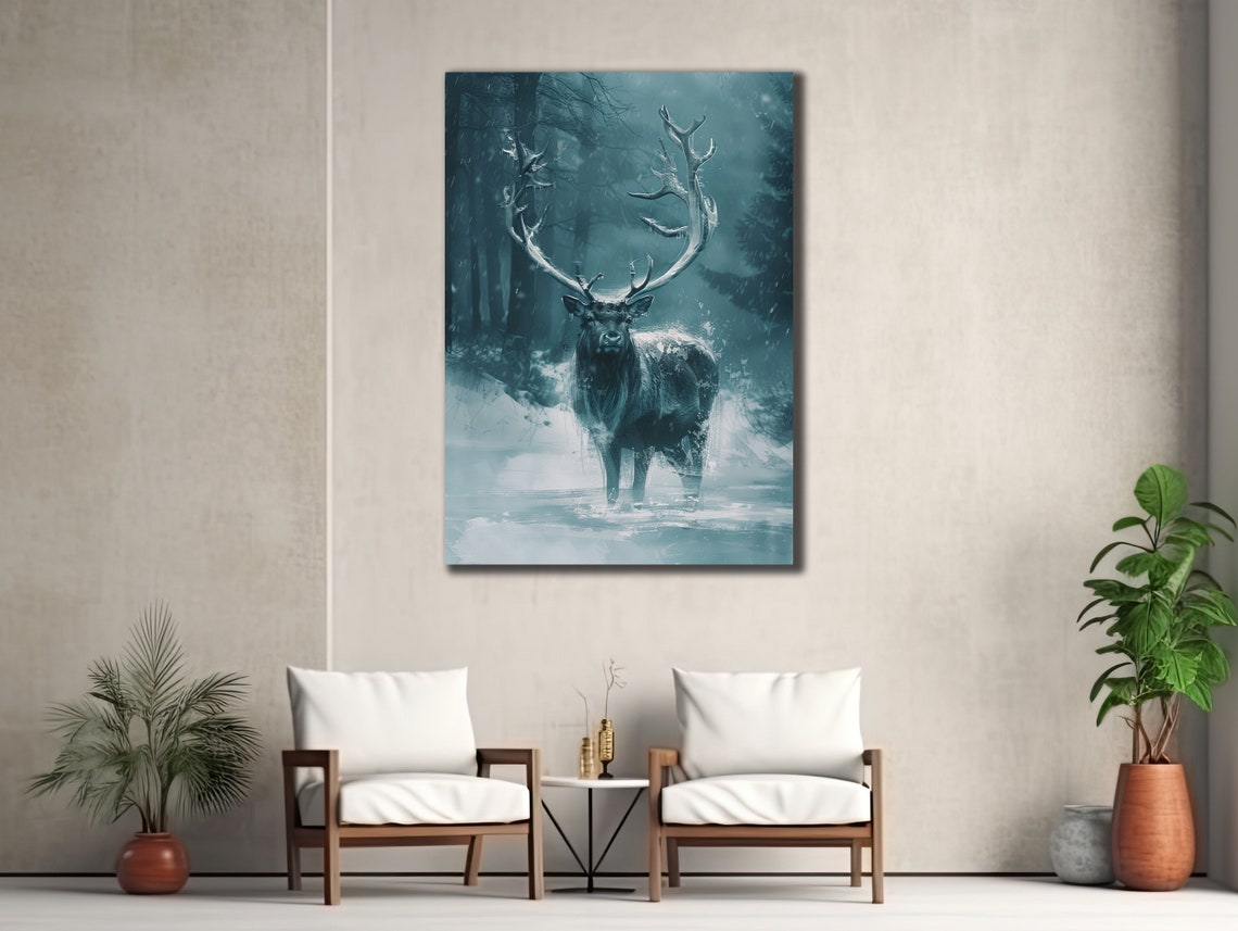 Majestic Stag Misty Blue Forest Winter Wildlife Wall Art Print - Image 3