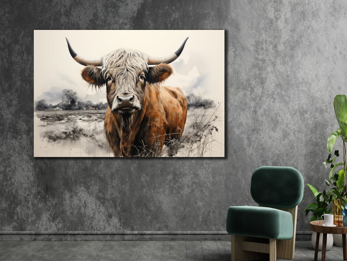 Highland Cow Portrait Misty Meadow Watercolor Farmhouse Wall Art Print