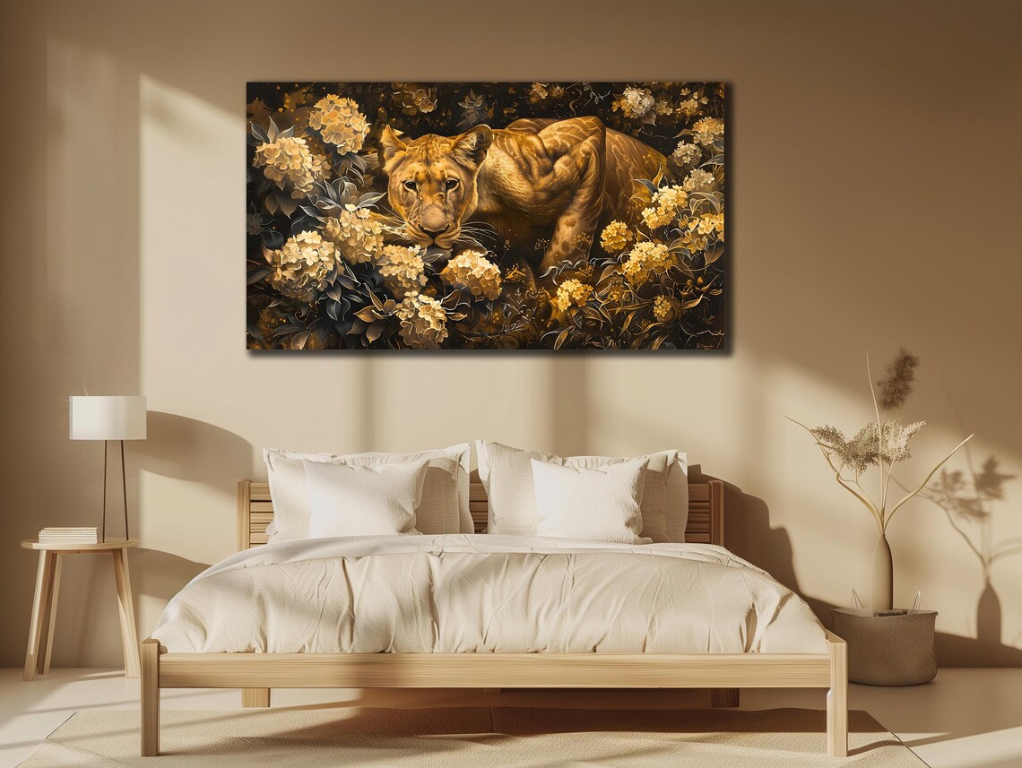 Golden Big Cat Hidden Blooming Flowers Dark Floral Wildlife Poster