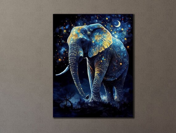 Blue Elephant Starry Night Golden Stars Crescent Moon Fantasy Art Print