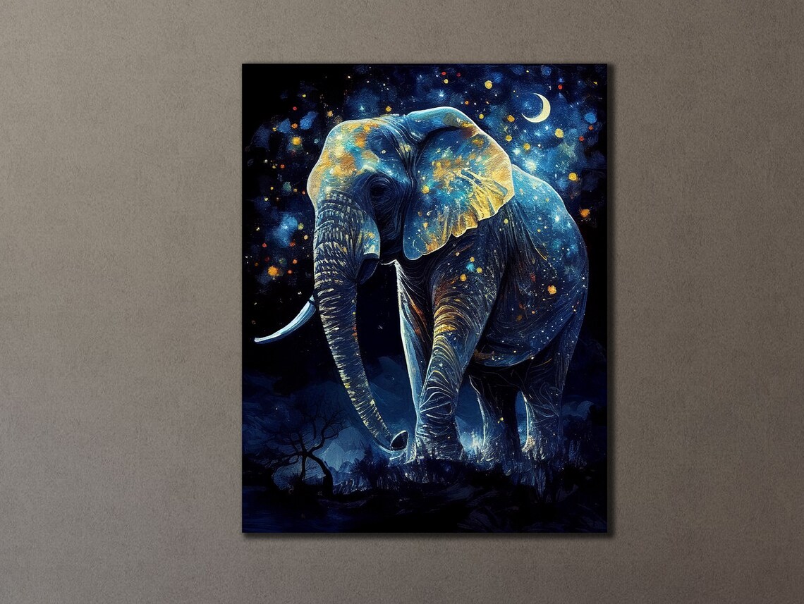 Blue Elephant Starry Night Golden Stars Crescent Moon Fantasy Art Print