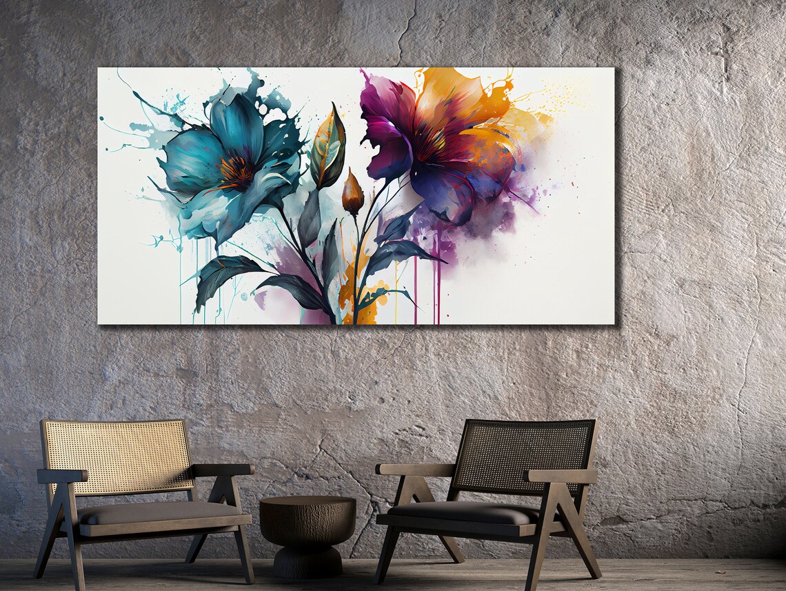 Abstract Teal Purple Flowers Watercolor Splash Floral Bloom Poster