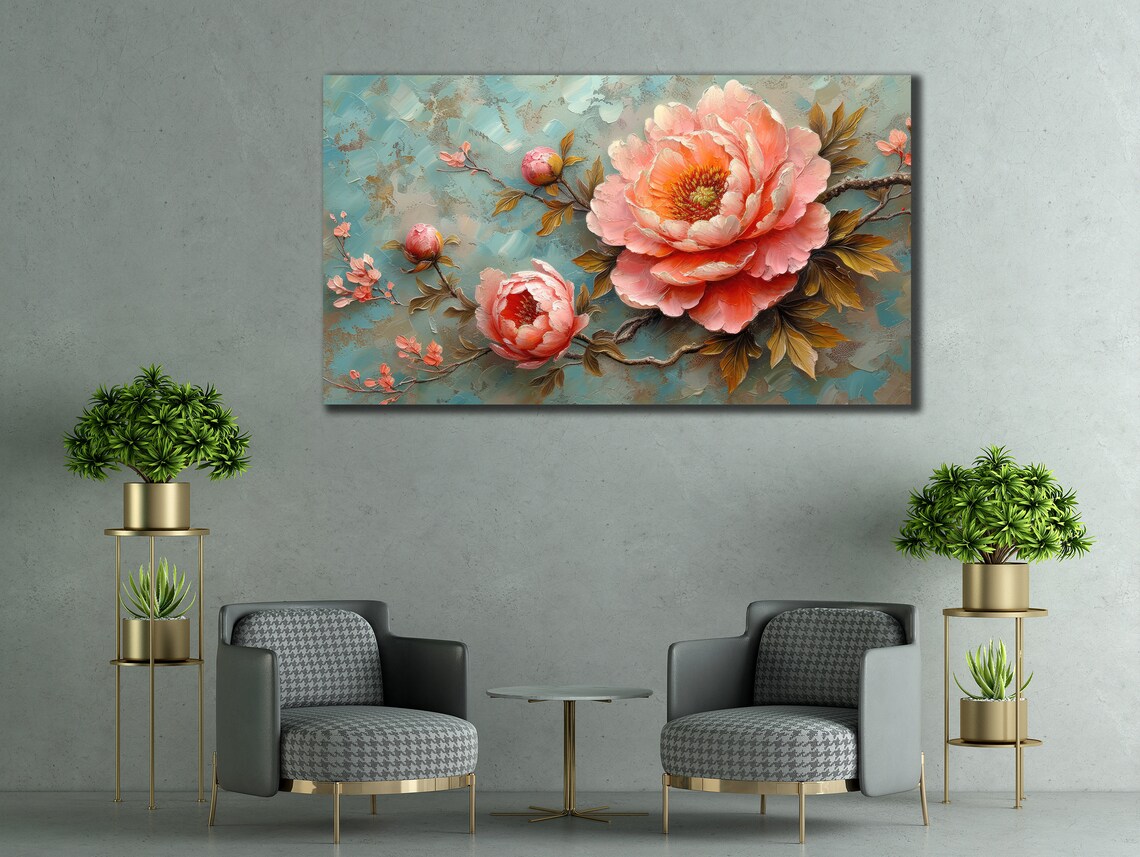 Pink Peonies Blossom Branch Turquoise Background Floral Art Poster - Image 2
