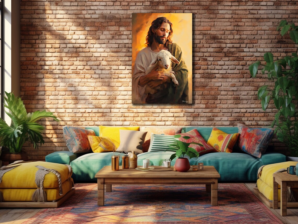 Jesus Shepherd with Lamb Golden Glow Painterly Christian Wall Art Poster - Image 3