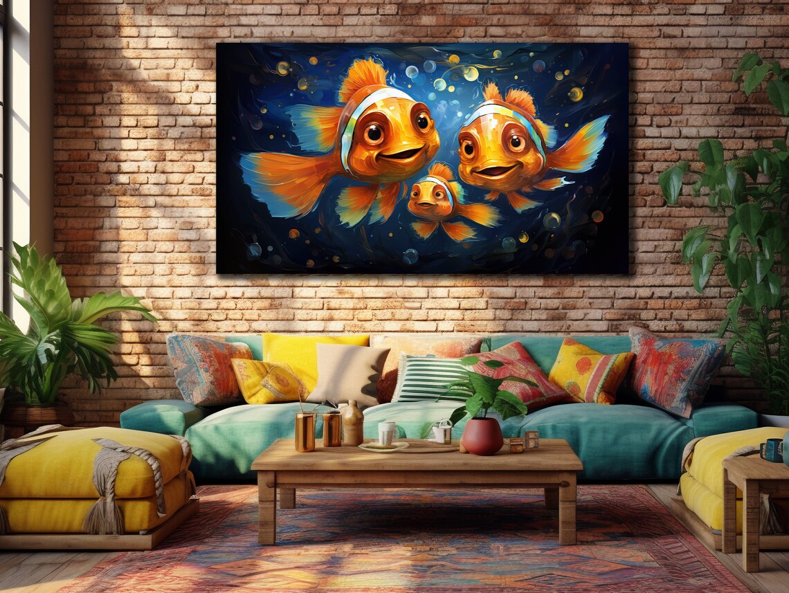 Three Happy Clownfish Cartoon Underwater Kids Room Wall Art Poster - Image 3