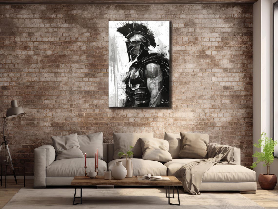 Spartan Warrior Helmet Black White Grunge Knight Battle Art Poster - Image 3