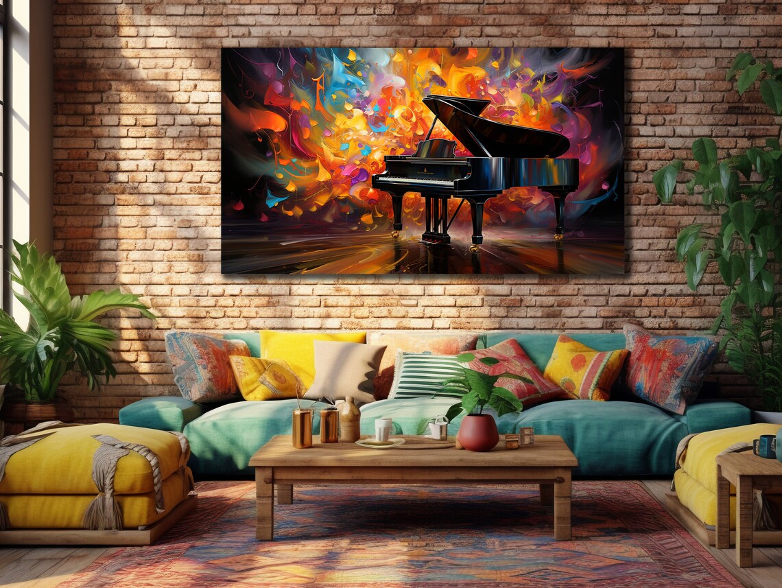 Grand Piano Colorful Abstract Burst Vivid Oil Painting Music Wall Art