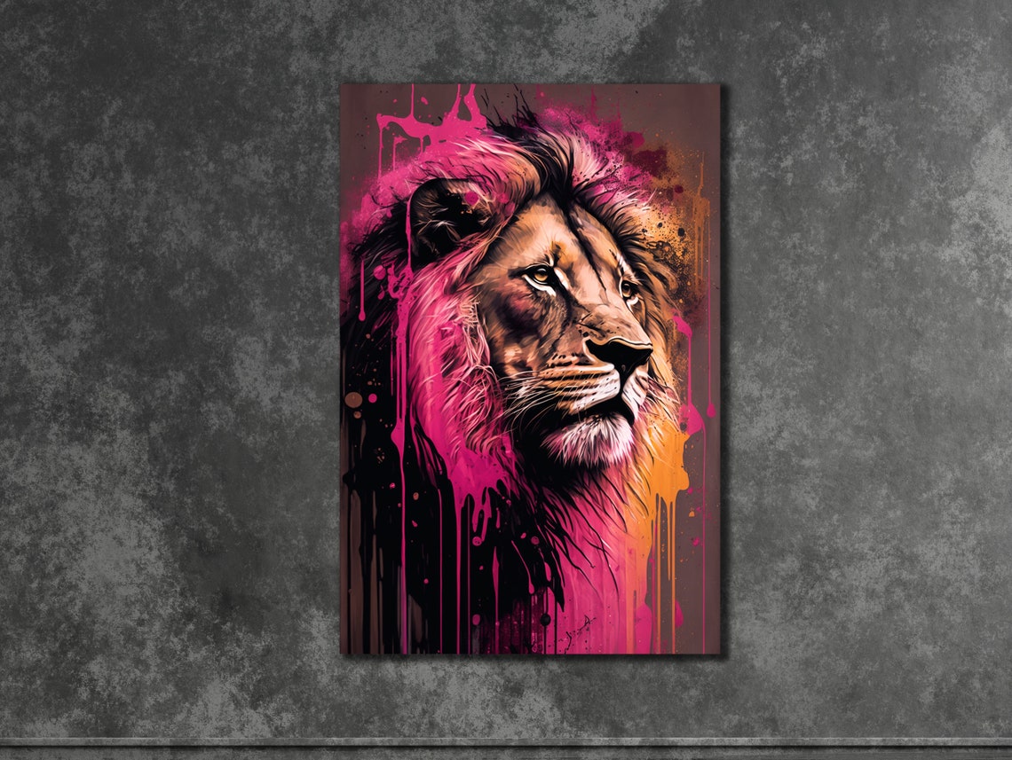 Lion Head with Pink Orange Drip Paint Modern Animal Art Poster - Image 2