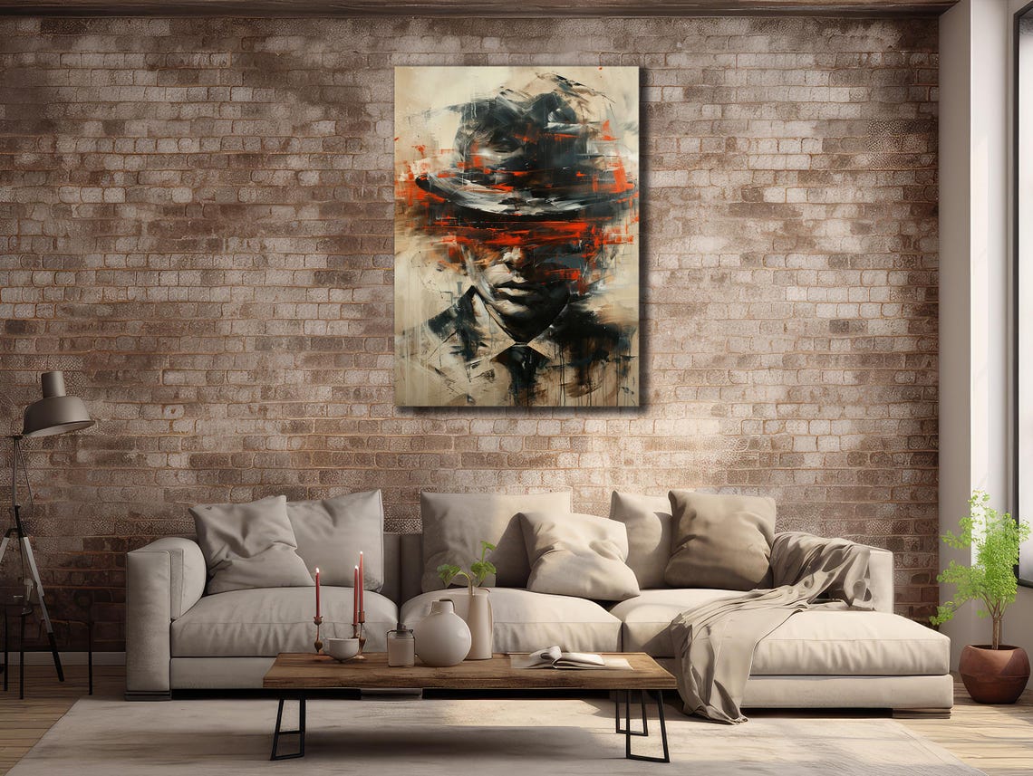 Mysterious Man Hat Abstract Red Black Portrait Urban Edgy Wall Poster - Image 2