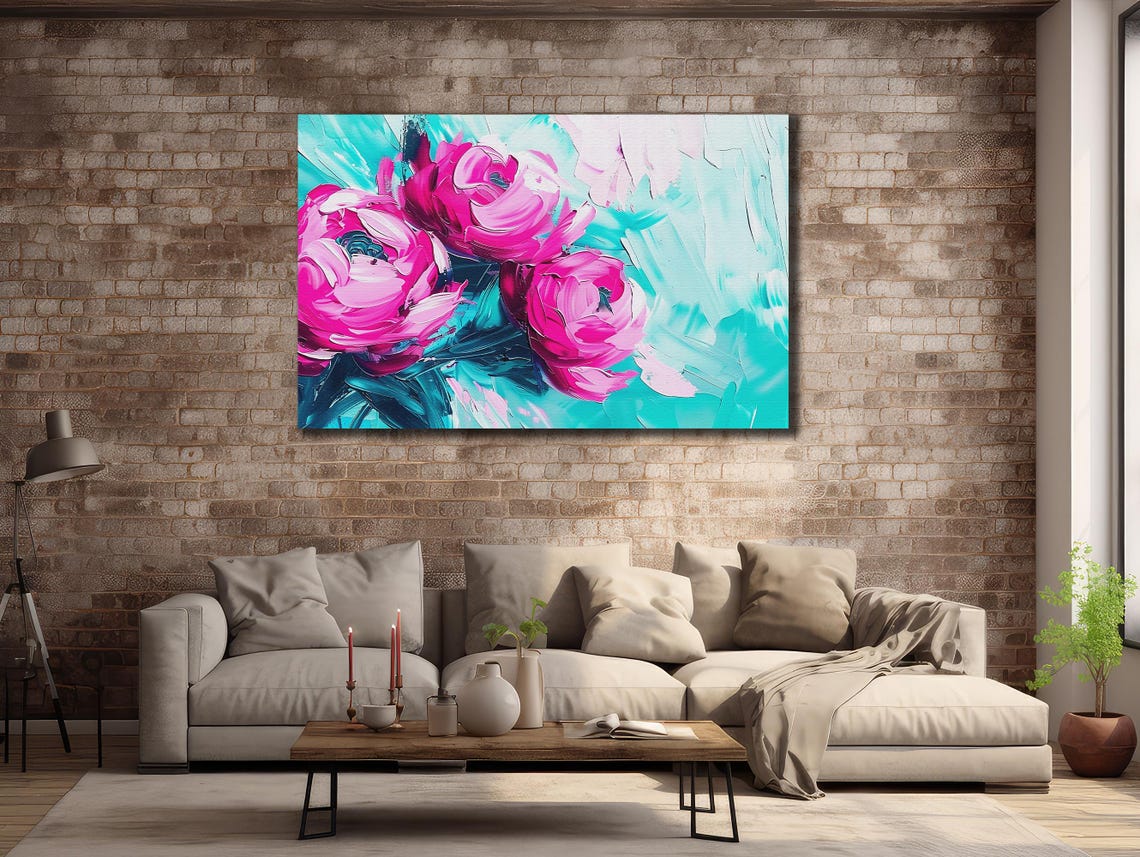 Magenta Peonies Turquoise Background Impasto Floral Artwork Poster - Image 2