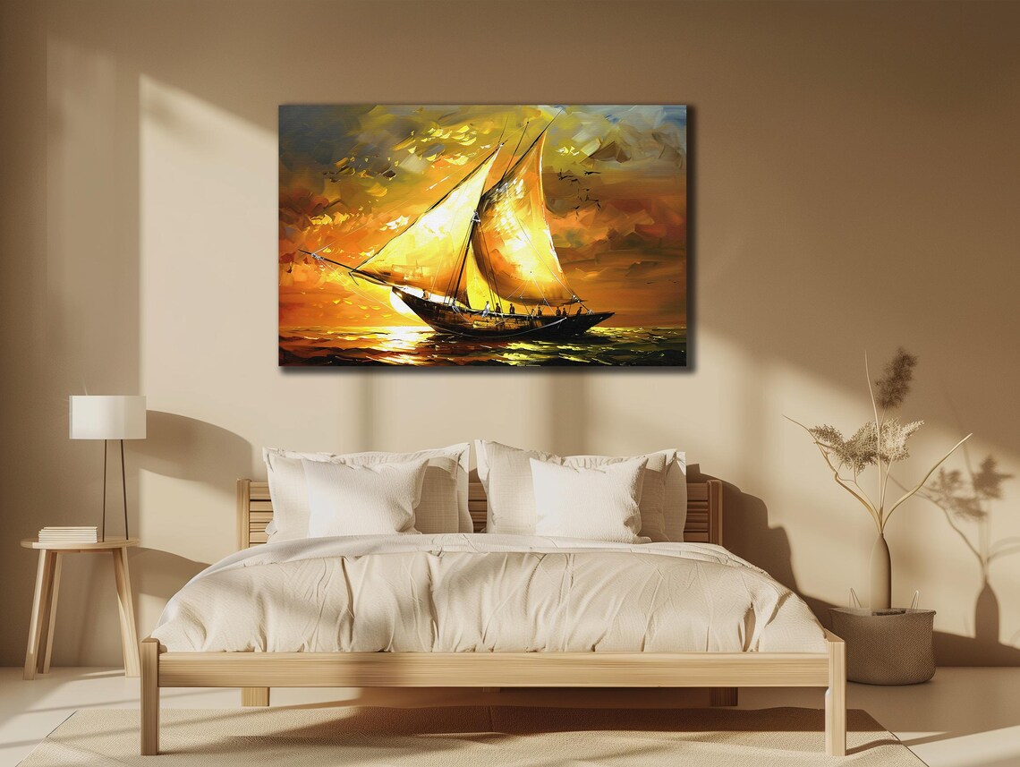 Golden Sailing Ship Sunset Sea Fiery Orange Ocean Oil Painting Poster - Image 3