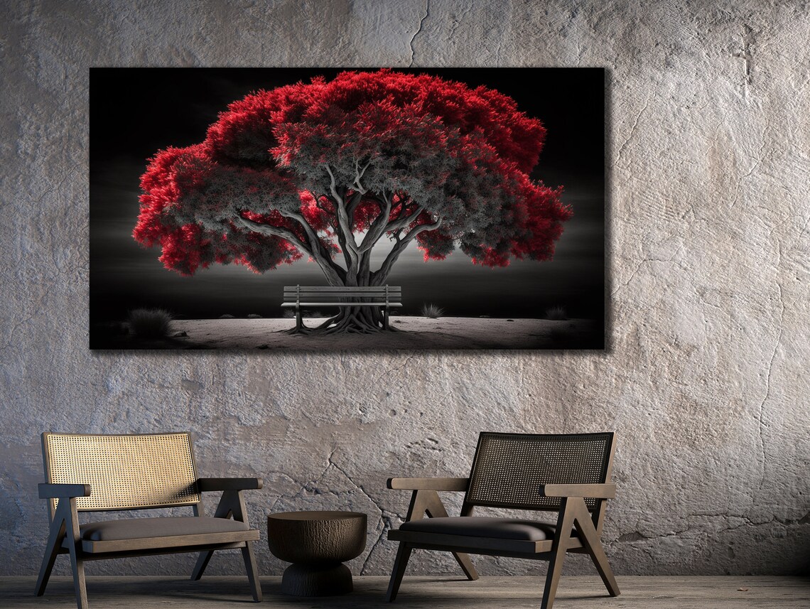 Tree Painting On Red Tree Wall Art Nature Wall Decor Landscape Painting Poster Ready To Hang Decoration Red Tree Printing - Image 2