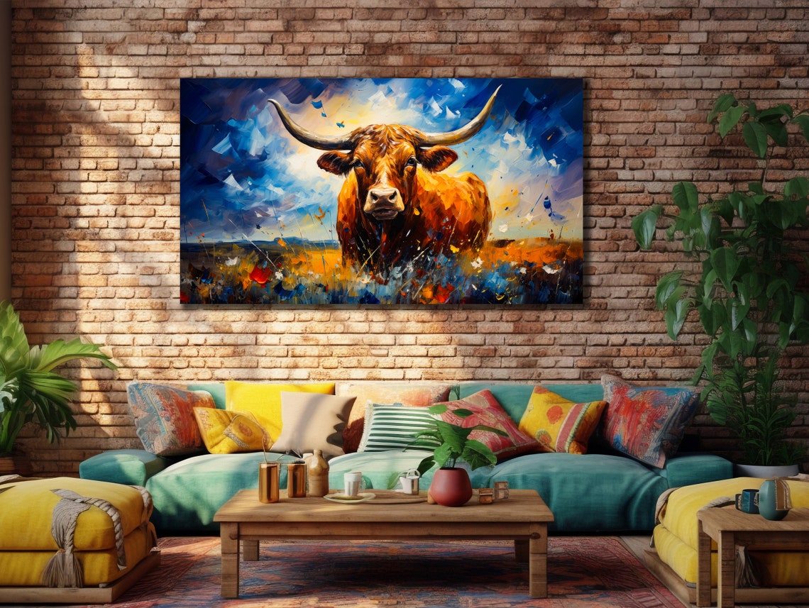 Colorful Cow Printing Cow Wall Decor Abstract Animal Wall Art Painting On Colorful Animal Art Farmhouse For Gifts - Image 3