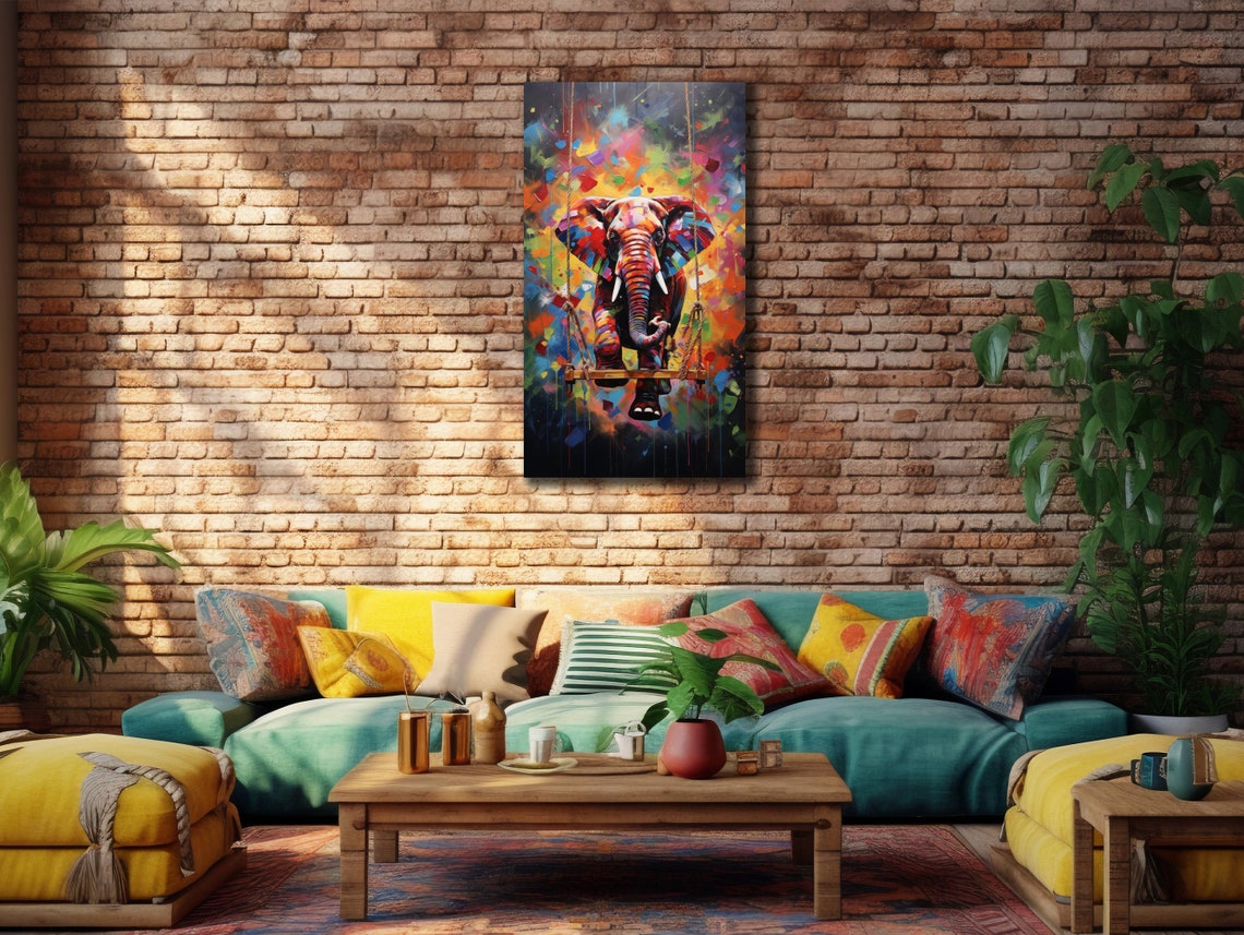Elephant on Swing Colorful Paint Explosion Fun Wall Art Print - Image 2