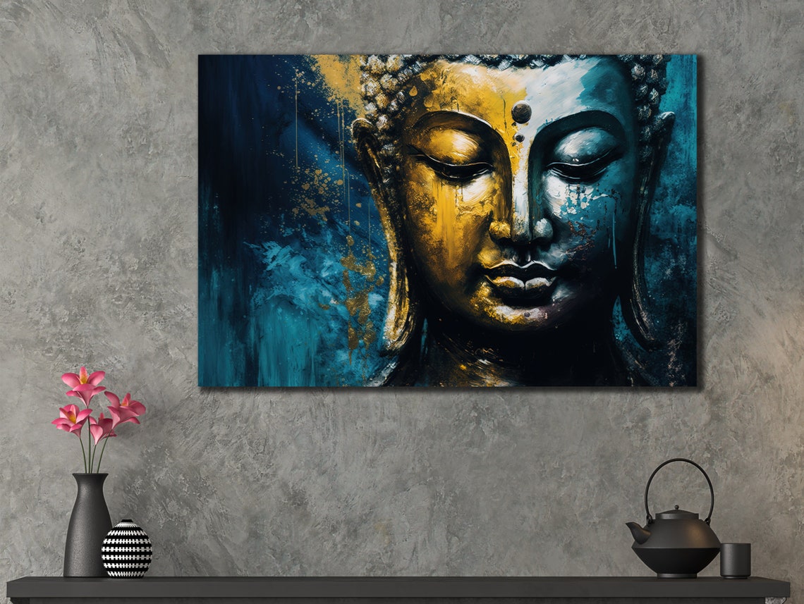 Buddha Face Blue And Gold Abstract Spiritual Zen Art Wall Poster - Image 3