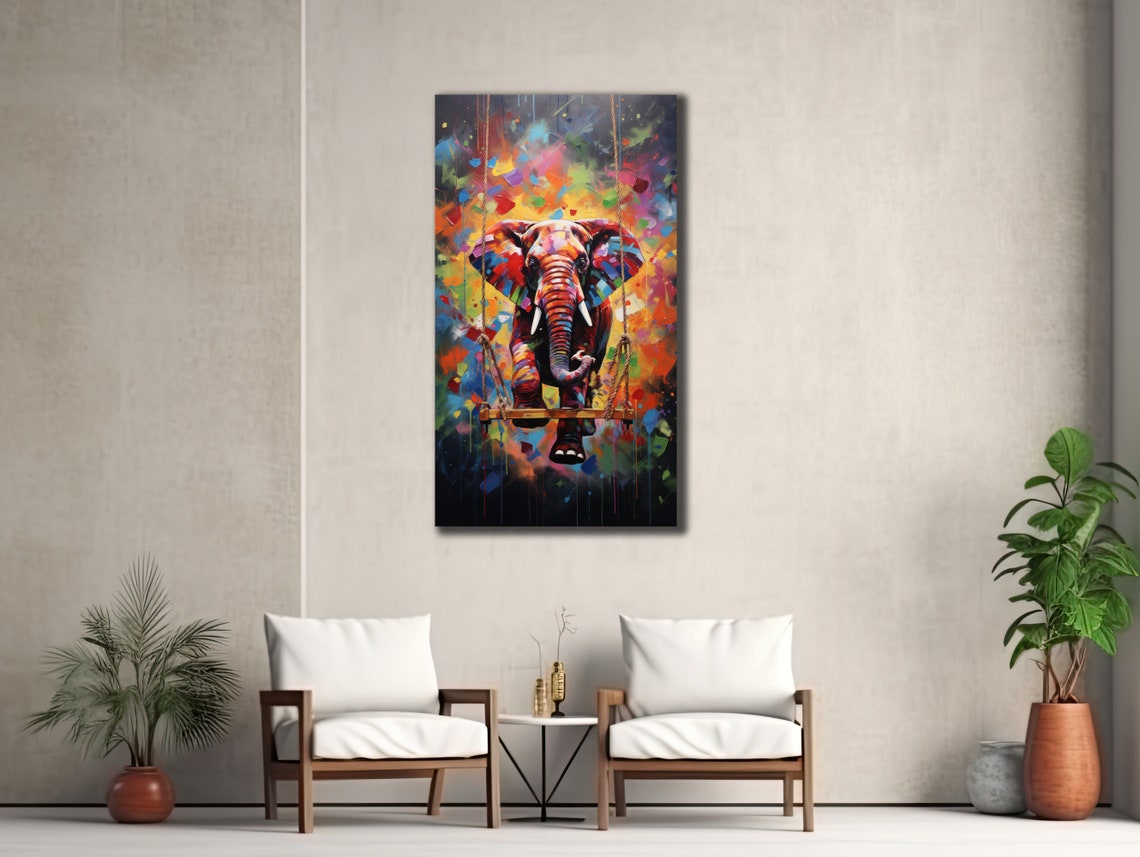 Elephant on Swing Colorful Paint Explosion Fun Wall Art Print
