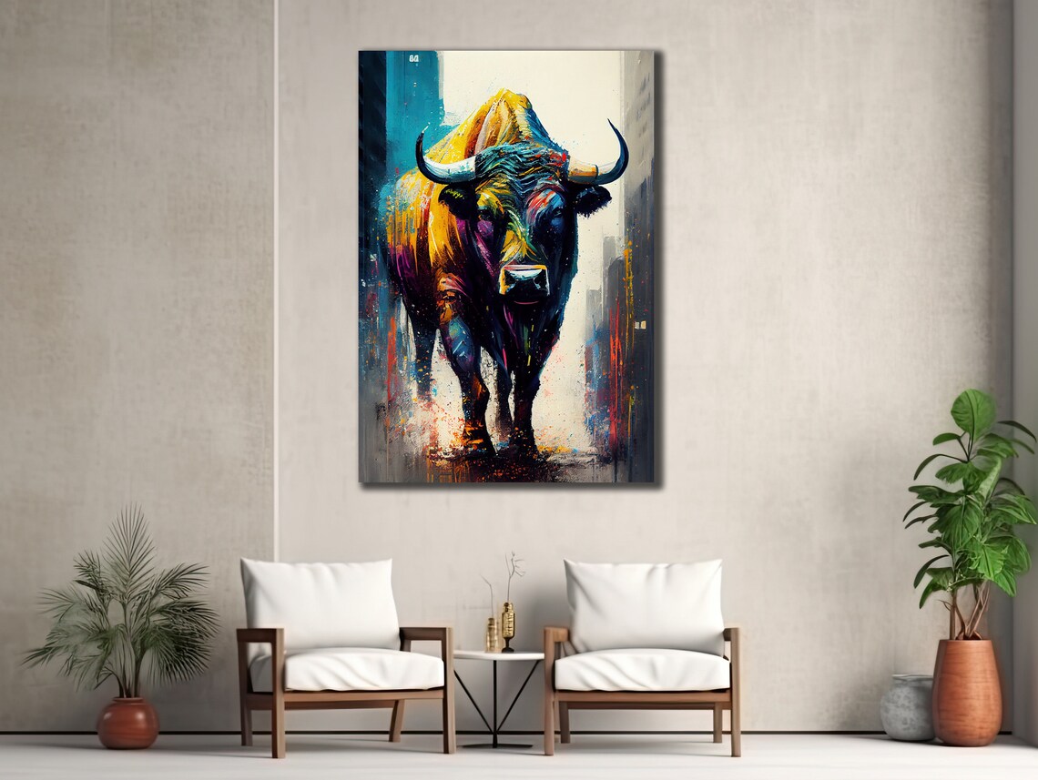 Colorful Bull Walking City Street Pop Art Animal Portrait Poster