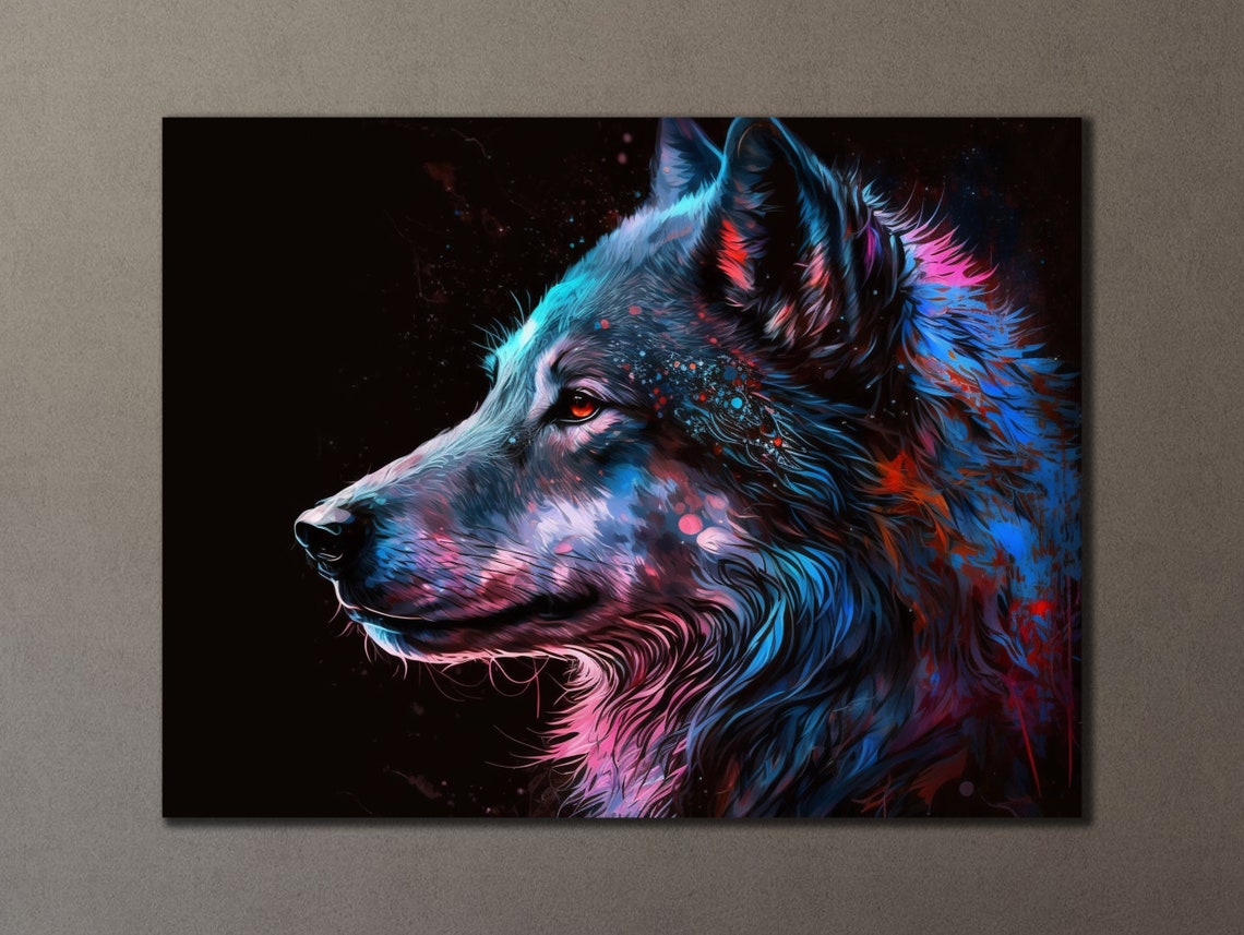 Colorful Wolf Head Neon Blue Pink Black Background Animal Art Poster - Image 3