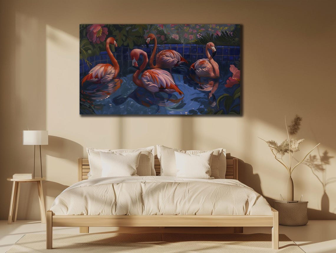 Pink Flamingos Blue Pool Tropical Night Elegant Bird Group Wall Poster