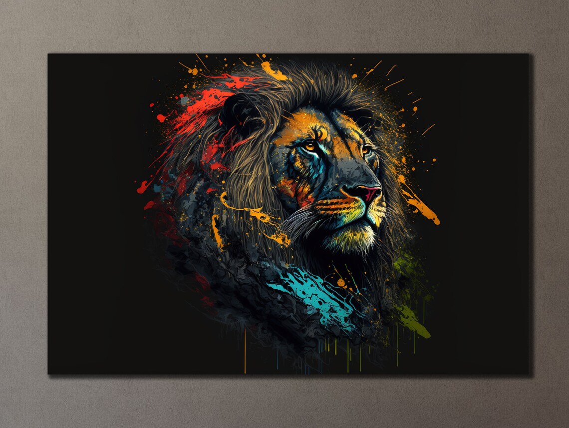 Colorful Lion Head Splash Art Black Background Wild King Animal Wall Poster - Image 3