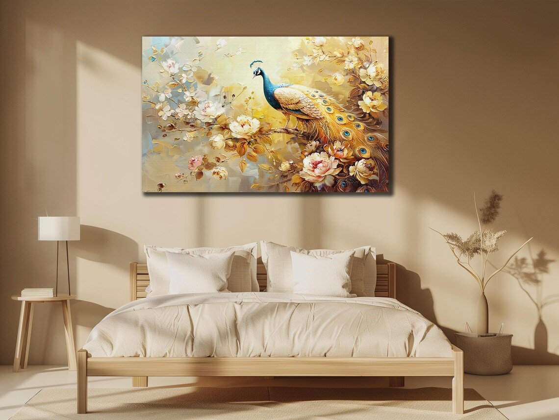 Golden Peacock Among Blossoms Elegant Blue Bird Floral Art Poster