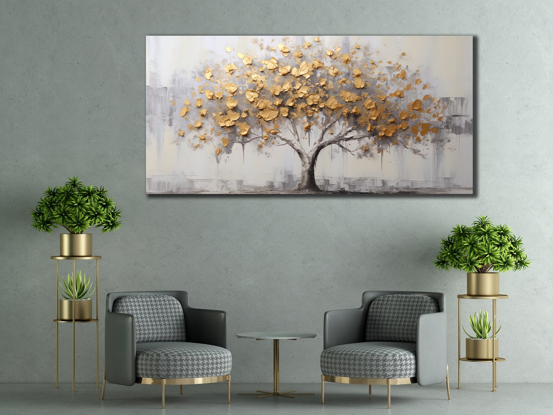 Gold Leaf Tree Falling Golden Leaves Gray Abstract Wall Art Poster - Image 3