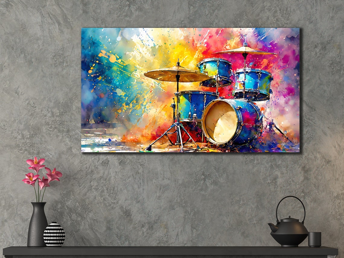 Colorful Drum Kit Watercolor Splash Music Instruments Art Poster - Image 2
