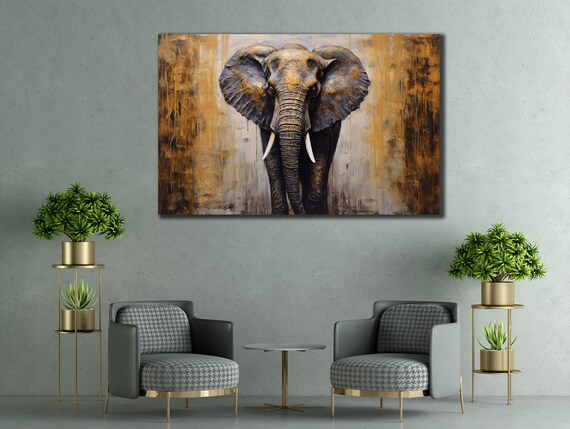 African Elephant Gold Gray Abstract Drip Painting Portrait Poster