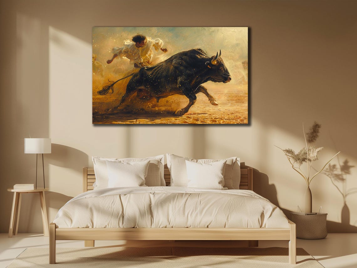 Bullfight Matador with Charging Black Bull Dusty Arena Art Poster - Image 3