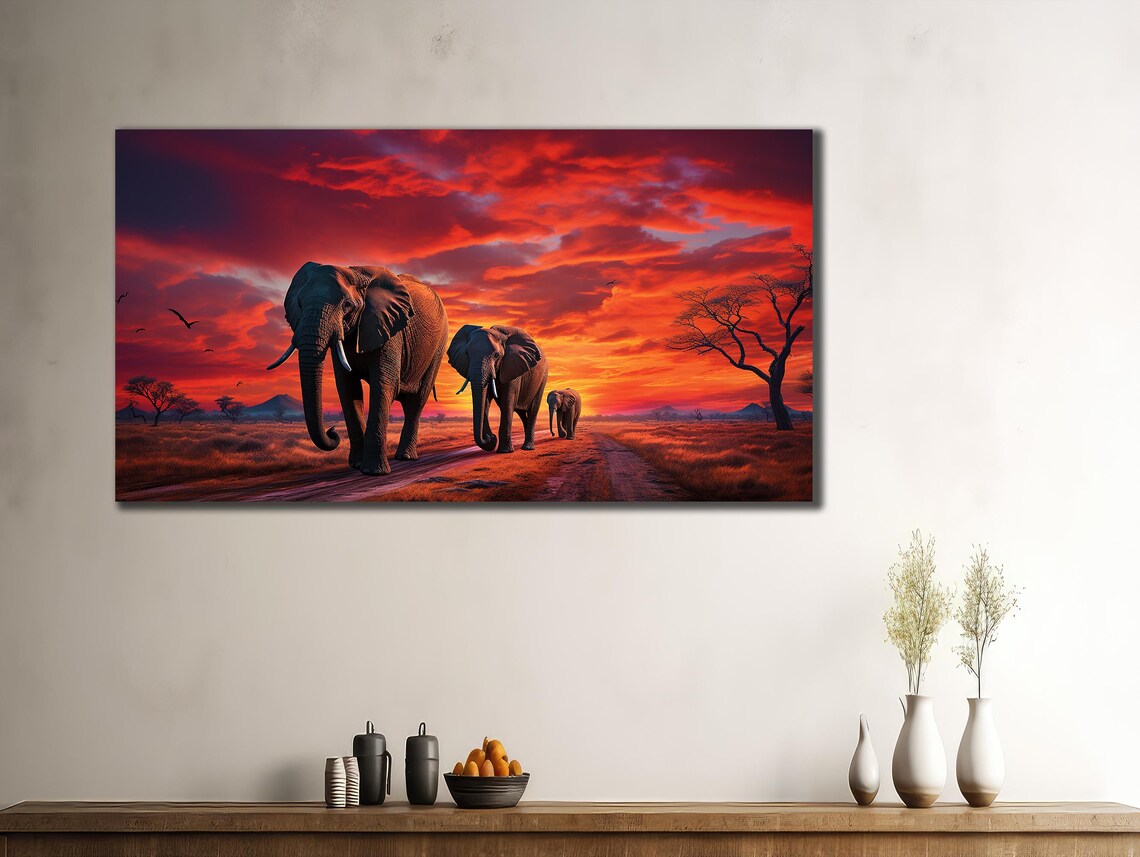 Elephant Family Walking African Sunset Safari Wildlife Wall Art Poster - Image 3