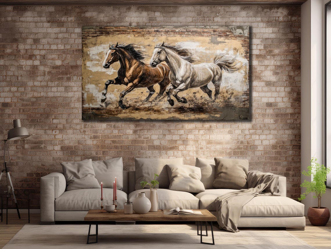 Brown and White Horses Running Wild Painterly Horse Art Poster - Image 3