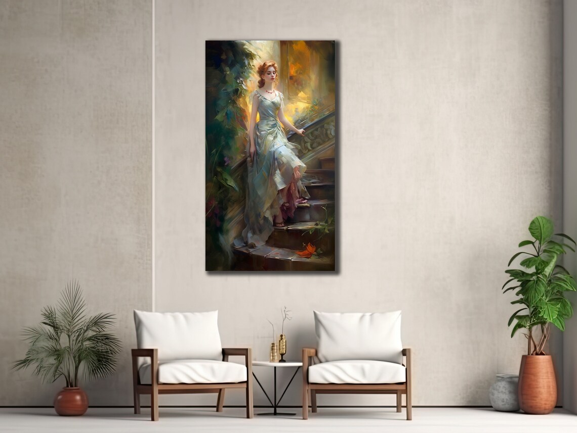 Woman in Green Gown Descending Staircase Warm Light Art Wall Poster