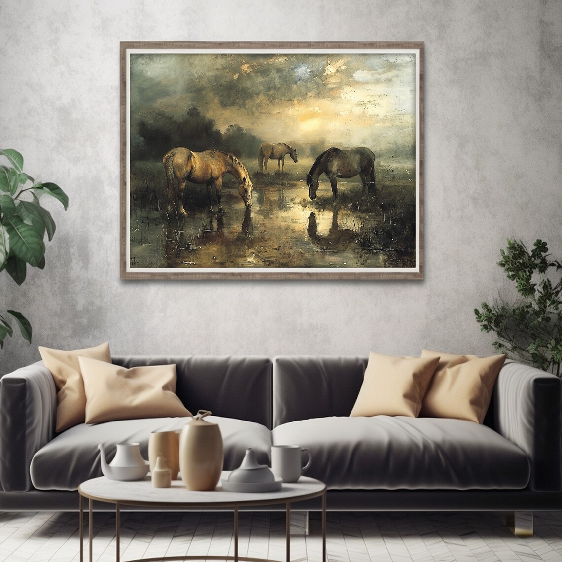 Horses Drinking Watering Hole Misty Golden Morning Painting Poster - Image 2