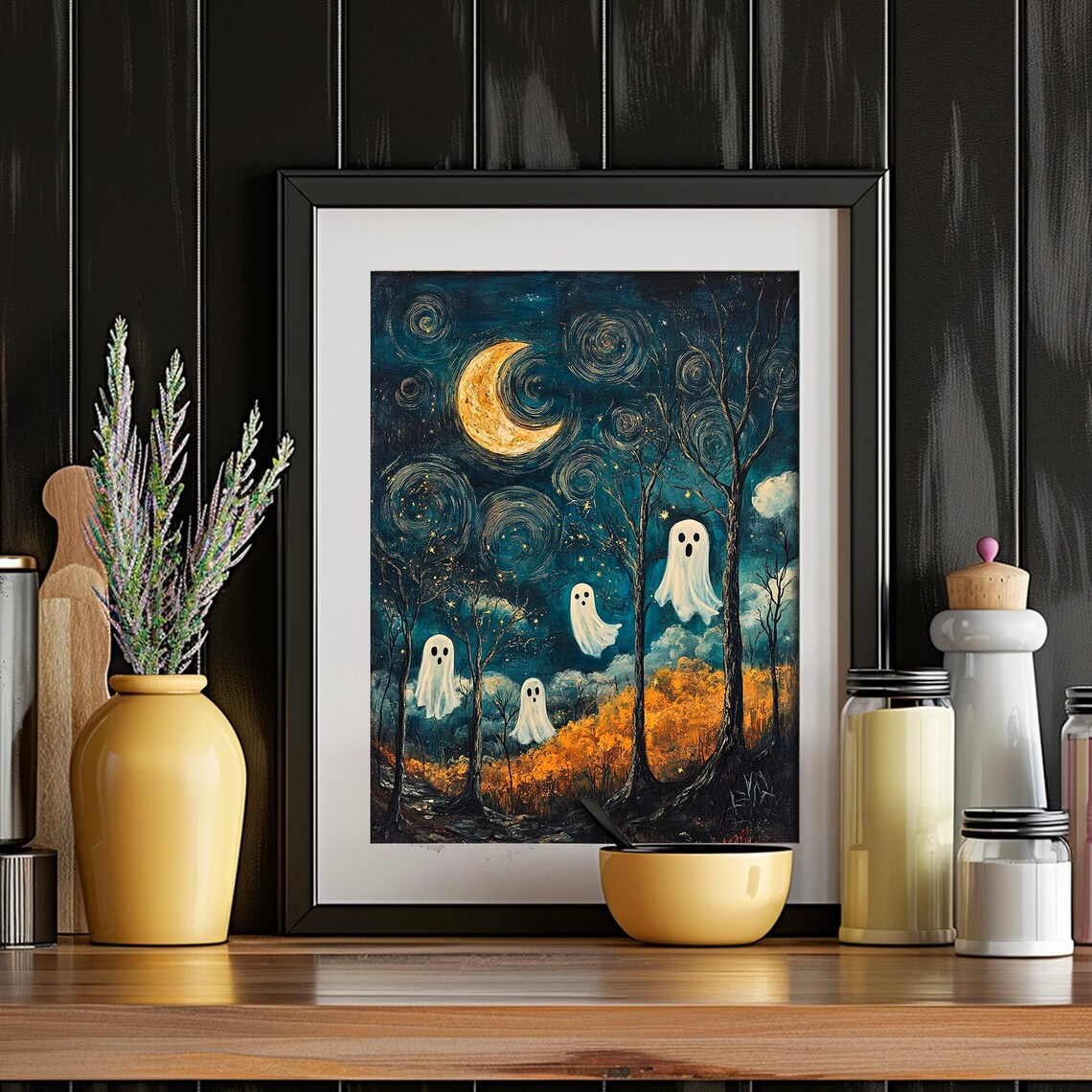 Cute Ghosts in Autumn Forest Under Crescent Moon Whimsical Halloween Poster - Image 2