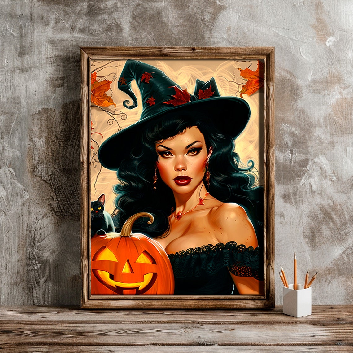 Vintage Pin Up Witch Pumpkin Black Cat Autumn Retro Art Poster - Image 4
