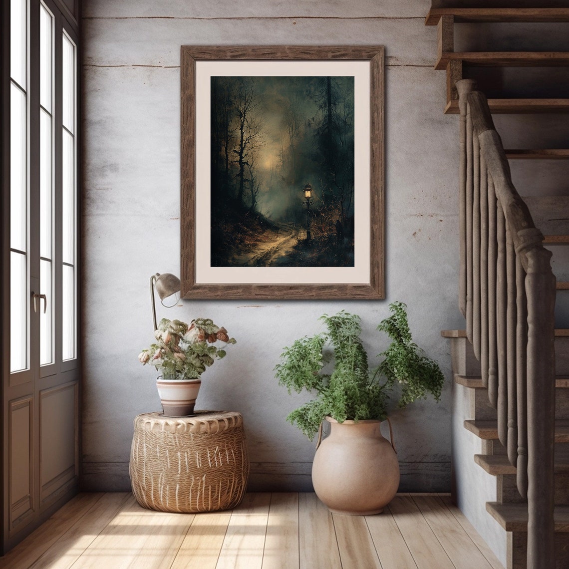 Foggy Forest Night Lantern Post Dark Moody Woods Painting Poster - Image 5