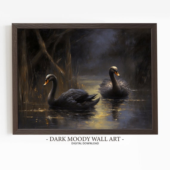 Black Swan Print Dark Pond Painting Farmhouse Decor Dark Moody Bird Print Oil Painting