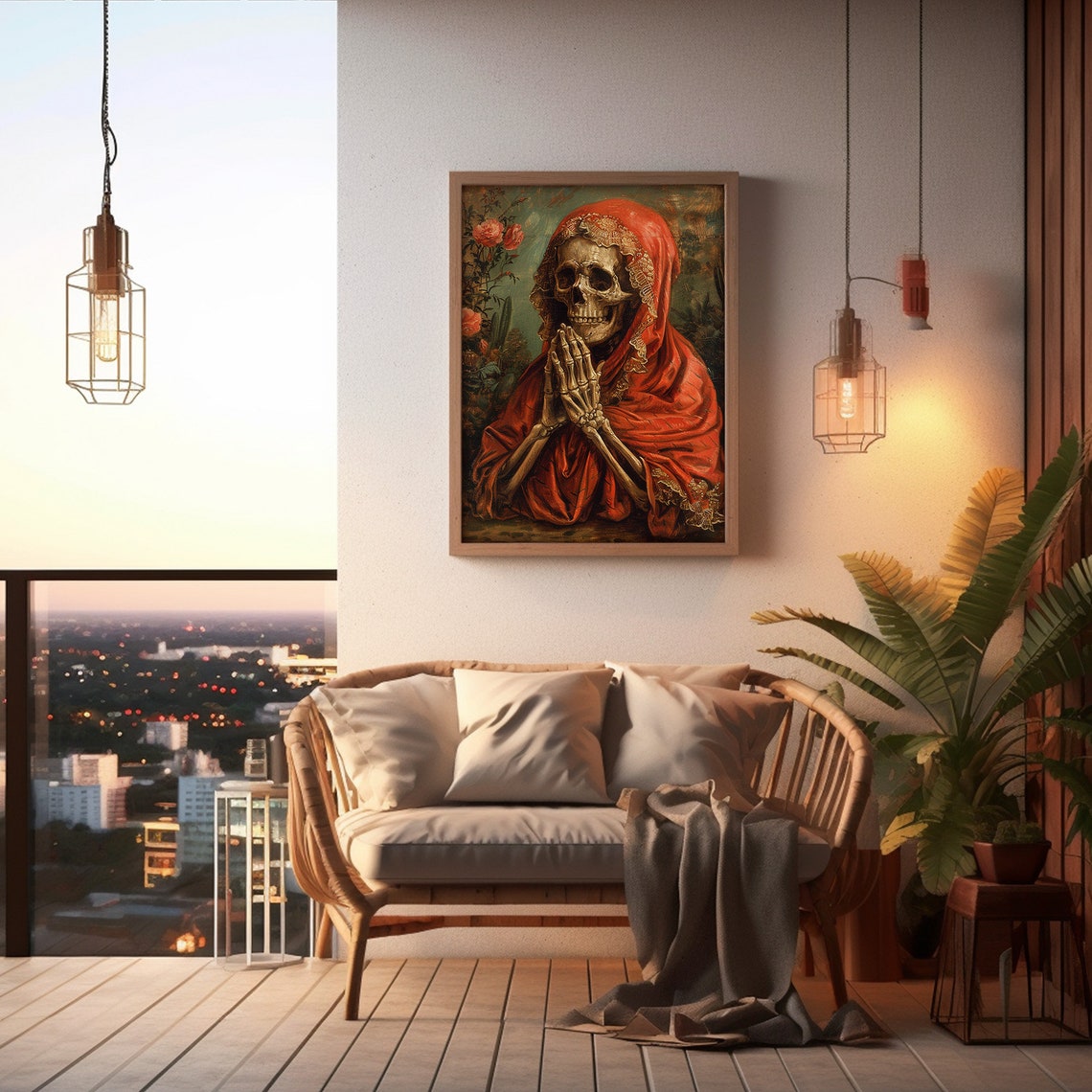 Praying Skeleton Red Shawl Roses Dia de los Muertos Art Poster - Image 4