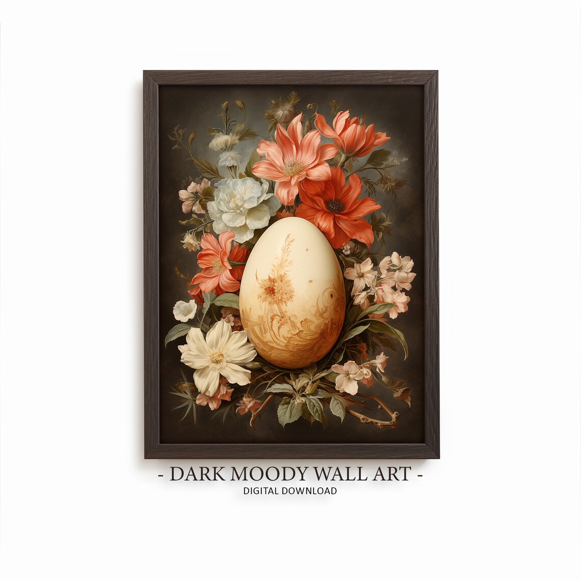 Easter Egg Print, Spring Moody Flower Basket Painting
