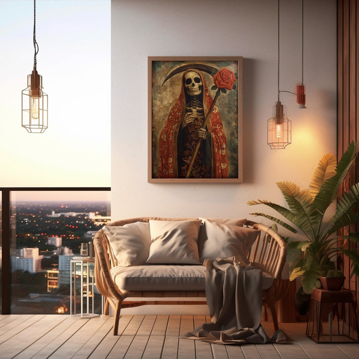 Santa Muerte Skeleton in an Embroidered Red Robe with Scythe Poster - Image 6