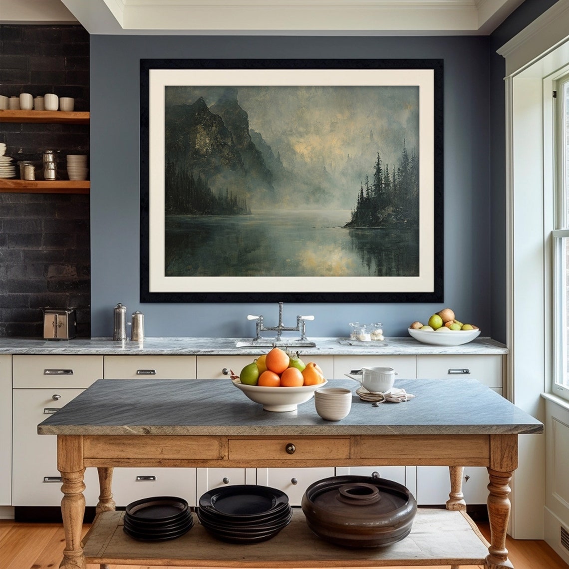 Misty Mountain Lake Pine Forest Dawn Moody Landscape Wall Art - Image 2