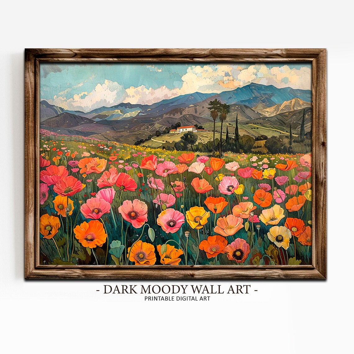 Wild Poppy Field Farmhouse Mountain Landscape Colorful Art Print