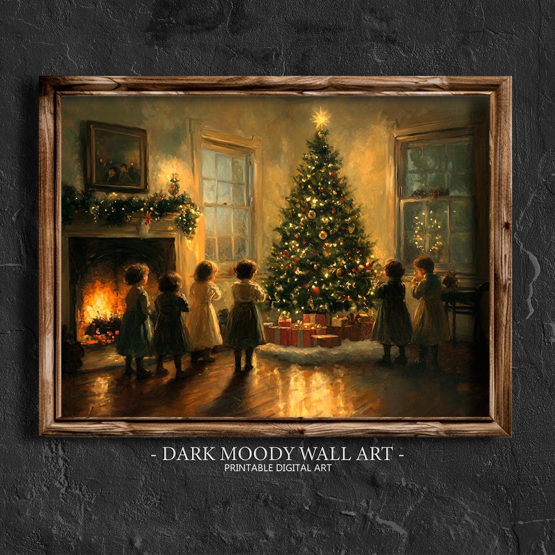 Children Around Glowing Christmas Tree Fireplace Dusk Poster