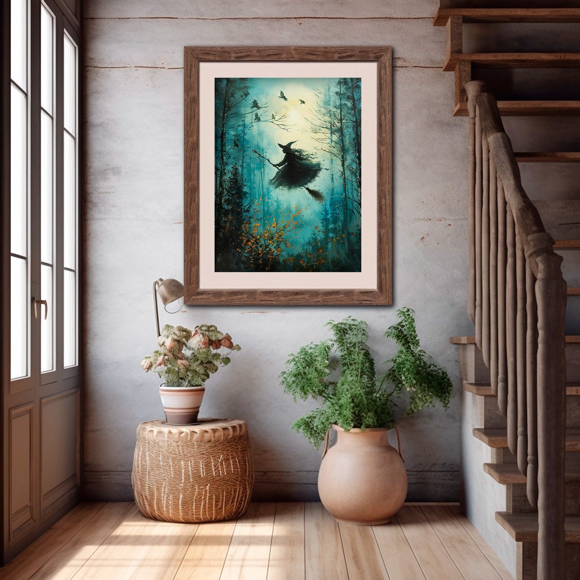 Witch Flying On Broom Through Forest Night Halloween Art Poster - Image 4