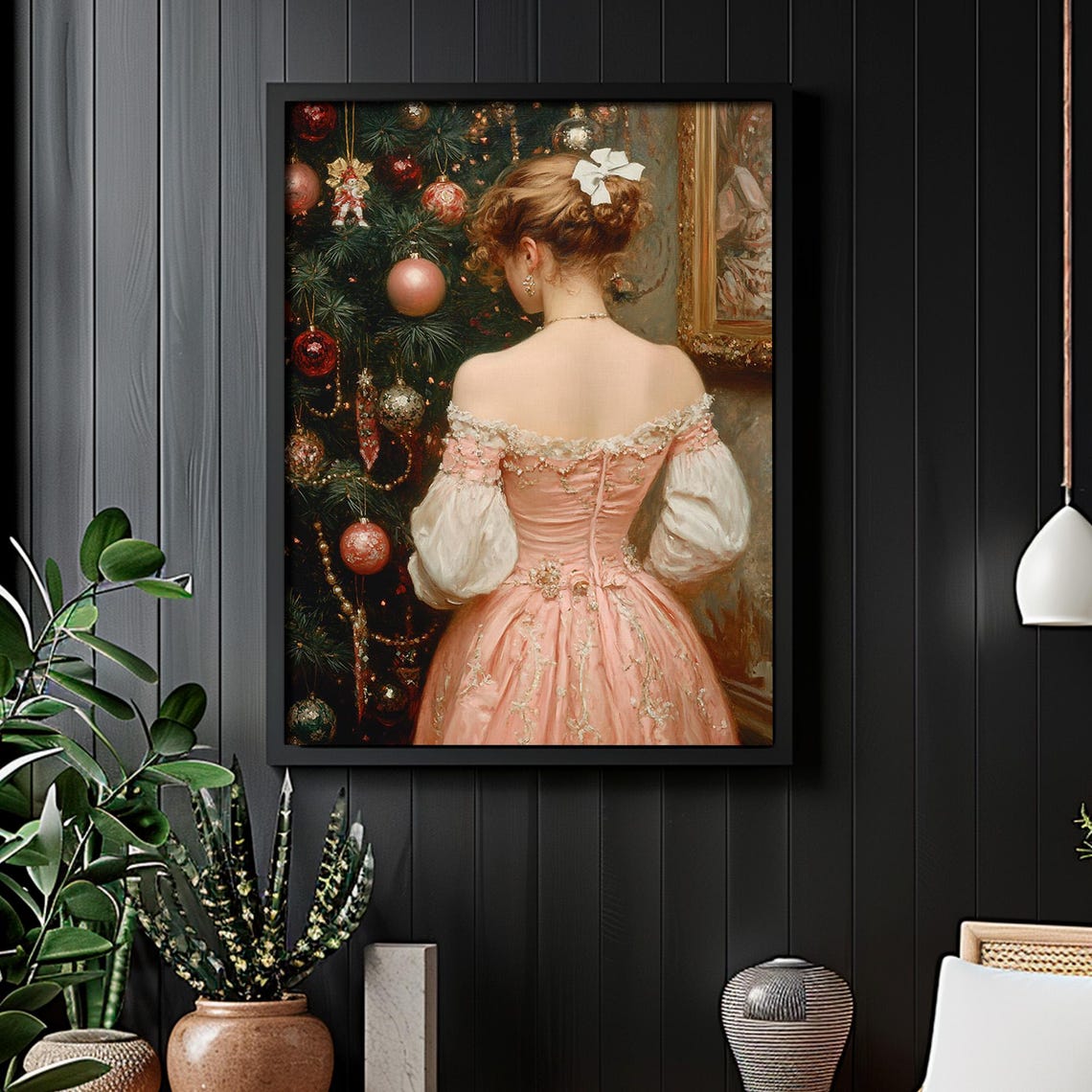 Victorian Lady In Pink Gown Christmas Tree Vintage Portrait Wall Art - Image 2