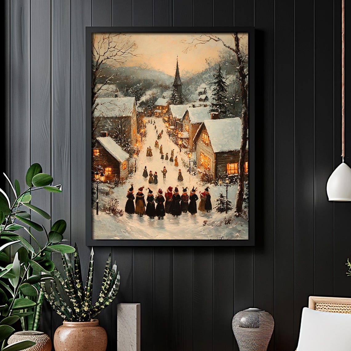 Christmas Carolers in Snowy Village Vintage Holiday Wall Art - Image 4