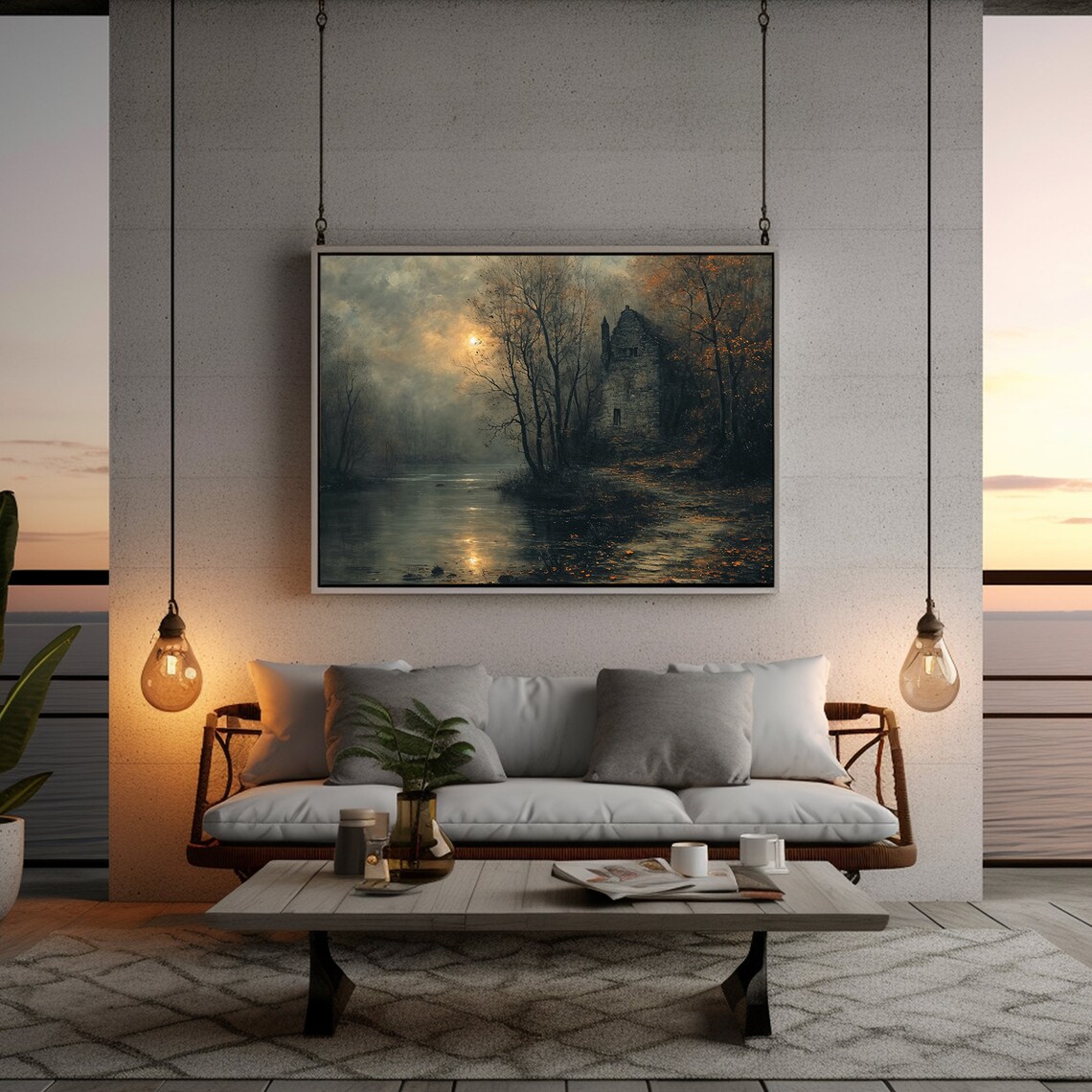 Moonlit Irish Stone Cottage Riverbank Misty Twilight Landscape Poster - Image 2